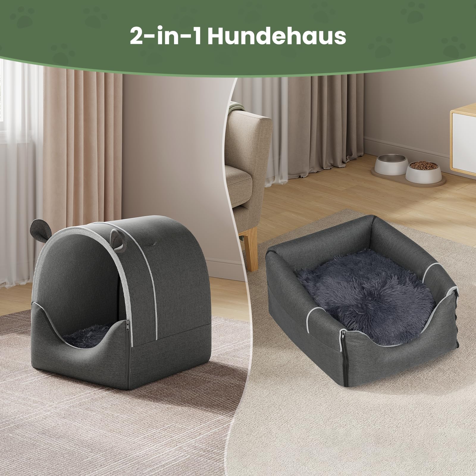 EUGAD Hundehöhle Kleine Hunde, 2-in-1 Hundehütte Indoor, Faltbar Warm Hundehütten,Hundekörbchen mit Dach, Hundehaus für Draußen Winterfest Wetterfester für Streuner Haustiere zuhause 45x40x45cm