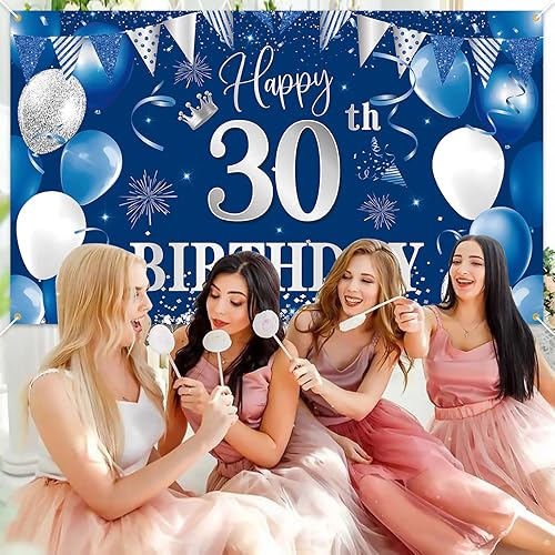 Vista 7 de Telón de fondo de pancarta de 30 cumpleaños, decoraciones de feliz cumpleaños de BTZO 30, fondo de fotos de tela azul plateada para hombres y Azul