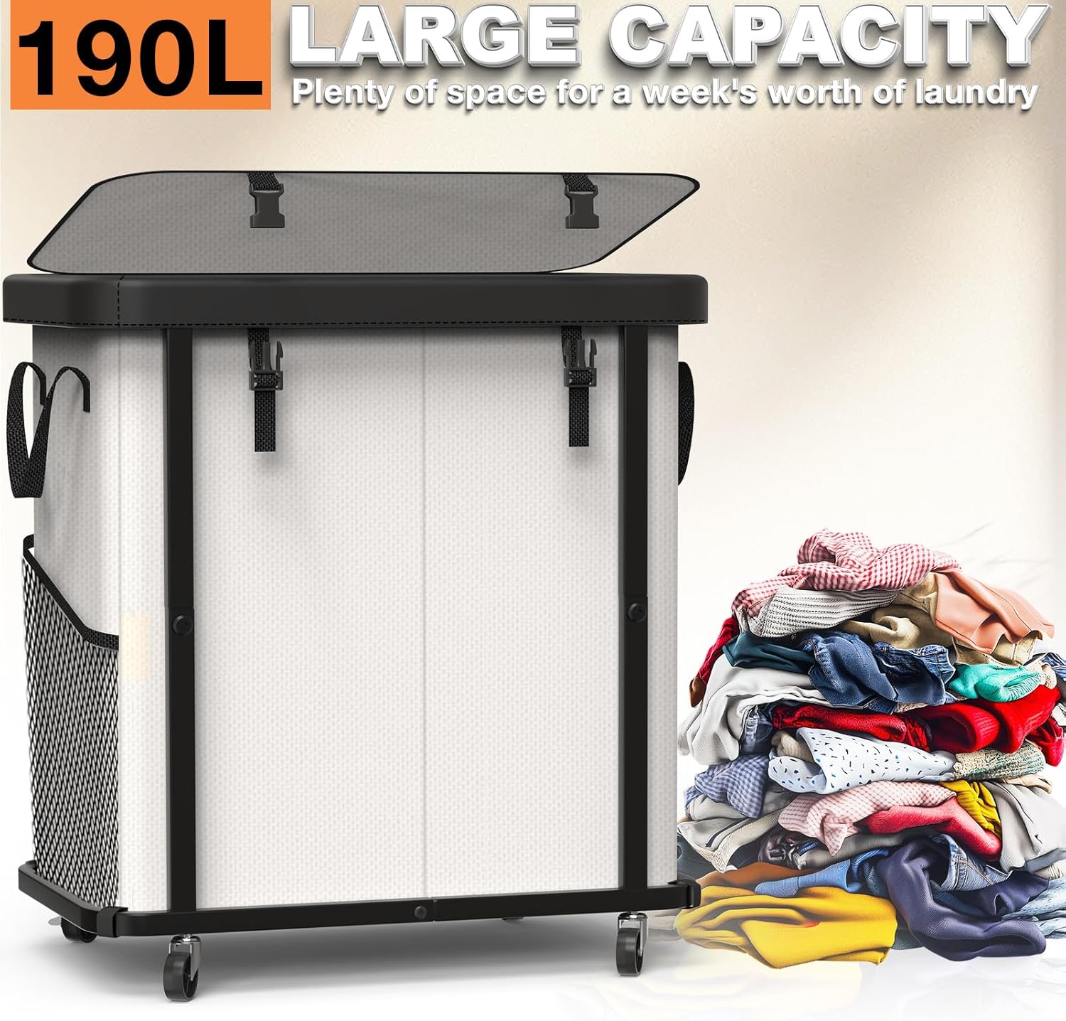 190L (50 Gal) Large Fashion Laundry Basket with Wheels, Leather Patchwork Rolling Hamper Carts, Sturdy Metal Frame, Removable Washable Bag, Tall Clothes Sorter for Bedroom, Laundry Room - Beige