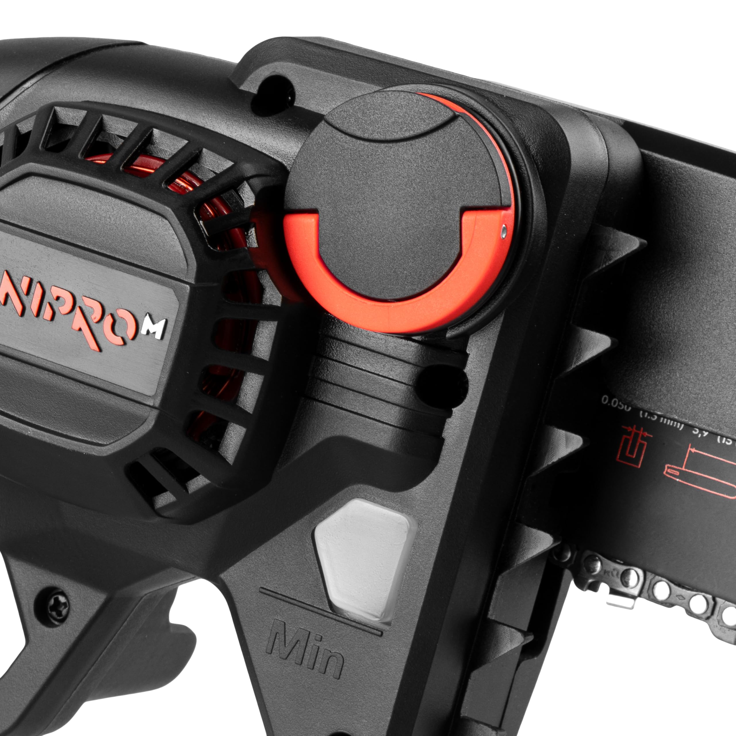 Mini Motosierra Batería DMS-200BC - Motor Brushless 20V, 5.300 RPM - Motosierra Eléctrica Pequeña Compacta, Guía 15 cm, Cadena 7,9 m/s, Engrase Automático - con Bateria 4Ah y Cargador - Por Dnipro-M