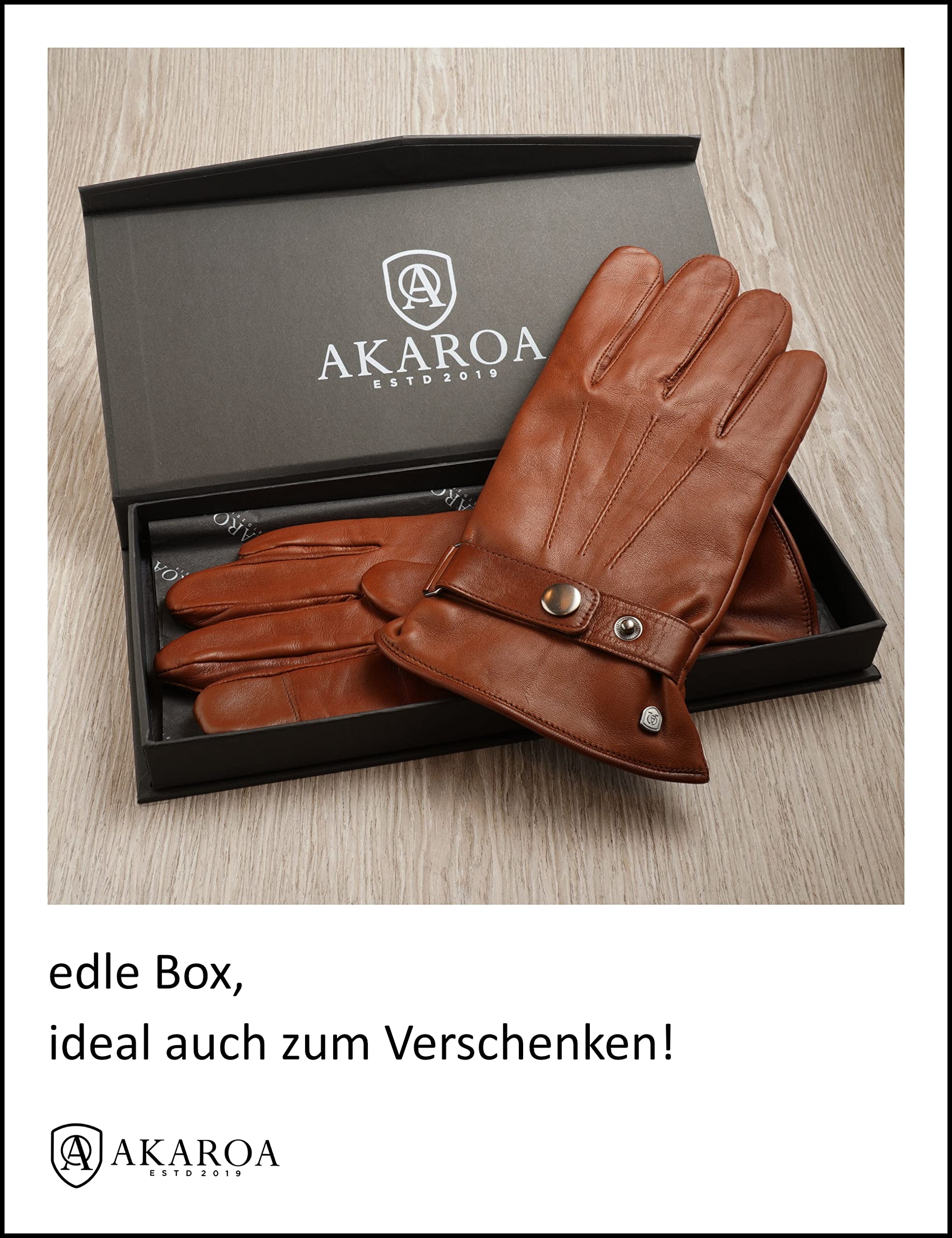 AKAROA ESTD 2019 Guanti in pelle da uomo RON, funzione touchscreen, pelle italiana, fodera in maglia riciclata 50% cashmere e 50% lana, 5 taglie S - XXL