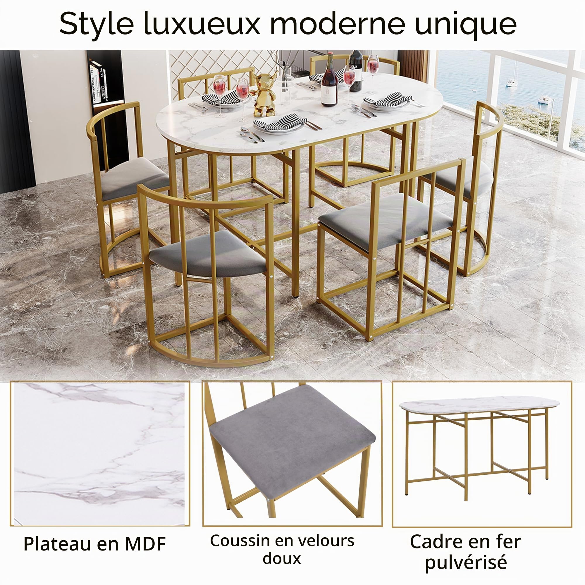 Zepneiy Table à Manger avec 6 chaises,Table Salle à Manger Moderne avec dossiers et Coussins Gris, pour Cuisine Salle à Manger, Blanc