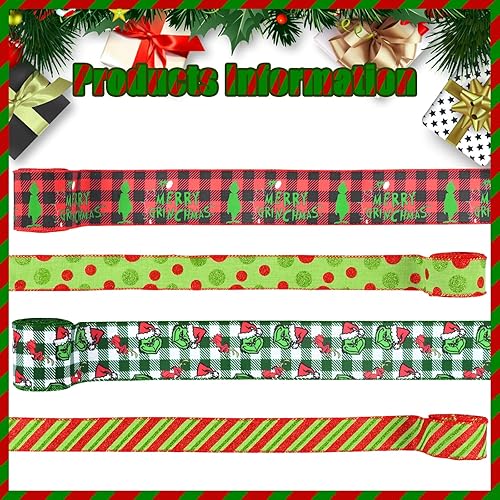 Miniatura 3 de 4 rollos de cinta de Navidad con borde con alambre de 20 yardas, cinta de arpillera decorativa de arpillera para envolver regalos, lazo, corona,