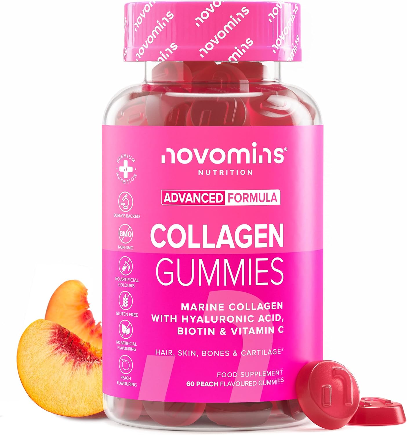 Marine Collagen and Hyaluronic Acid – Collagen Gummies with Vitamin C & Biotin – Superior Hydrolyzed Collagen Type 1-60 Hair Growth Gummies – Collagen Peptide – Novomins