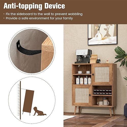 Miniatura 7 de LOKO Armario tipo bufé estilo granja, armario de almacenamiento de madera con 2 puertas de ratán y 4 cubos, gabinete de barra de café, 31.5 x 11.5 x