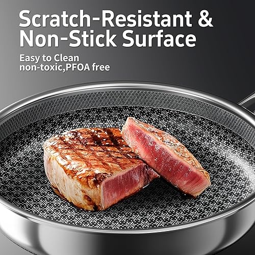 Miniatura 3 de Juego de utensilios de cocina de acero inoxidable de 5 capas con tapas, ollas y sartenes, antiadherentes, no tóxicos, para inducción, horno, apto