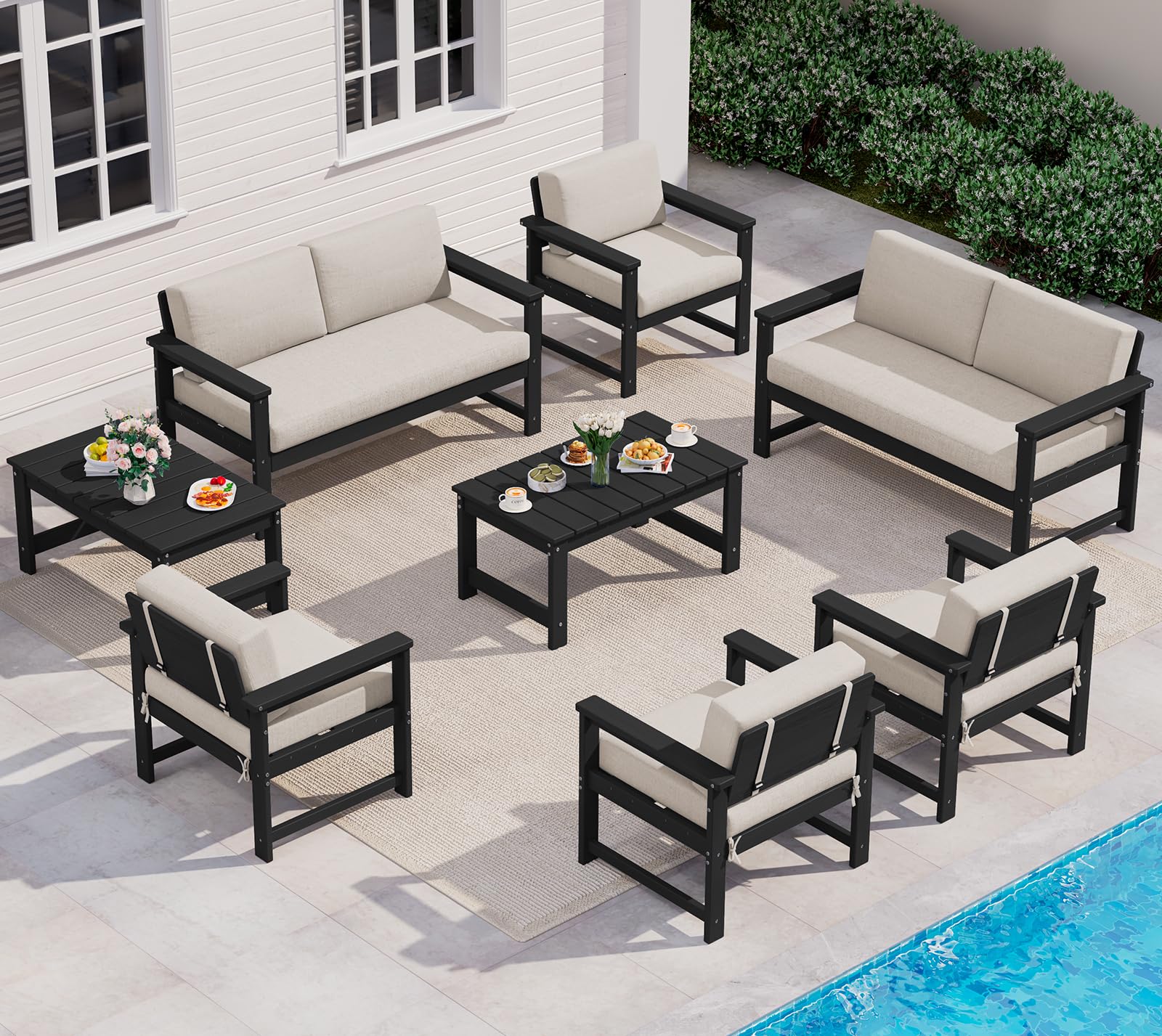 SERWALL 8 Pieces HDPE Outdoor Conversation Sofa Set with Cushion