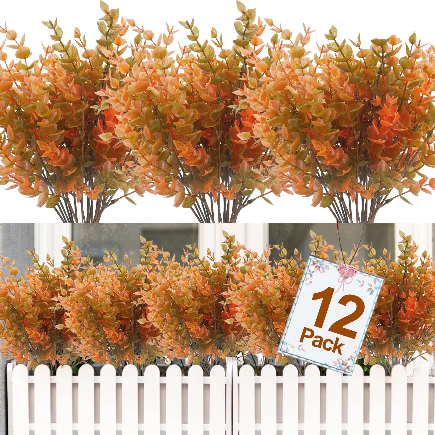Photo 1 of 5 PCS Fall Artificial Flowers UV Resistant Plants Fall Decorations, Faux Plastic Eucalyptus Greenery Shrubs Fake Plant Autumn Indoor Outdoor Home Fireplace Garden Thanksgiving Decor(Fall Orange)