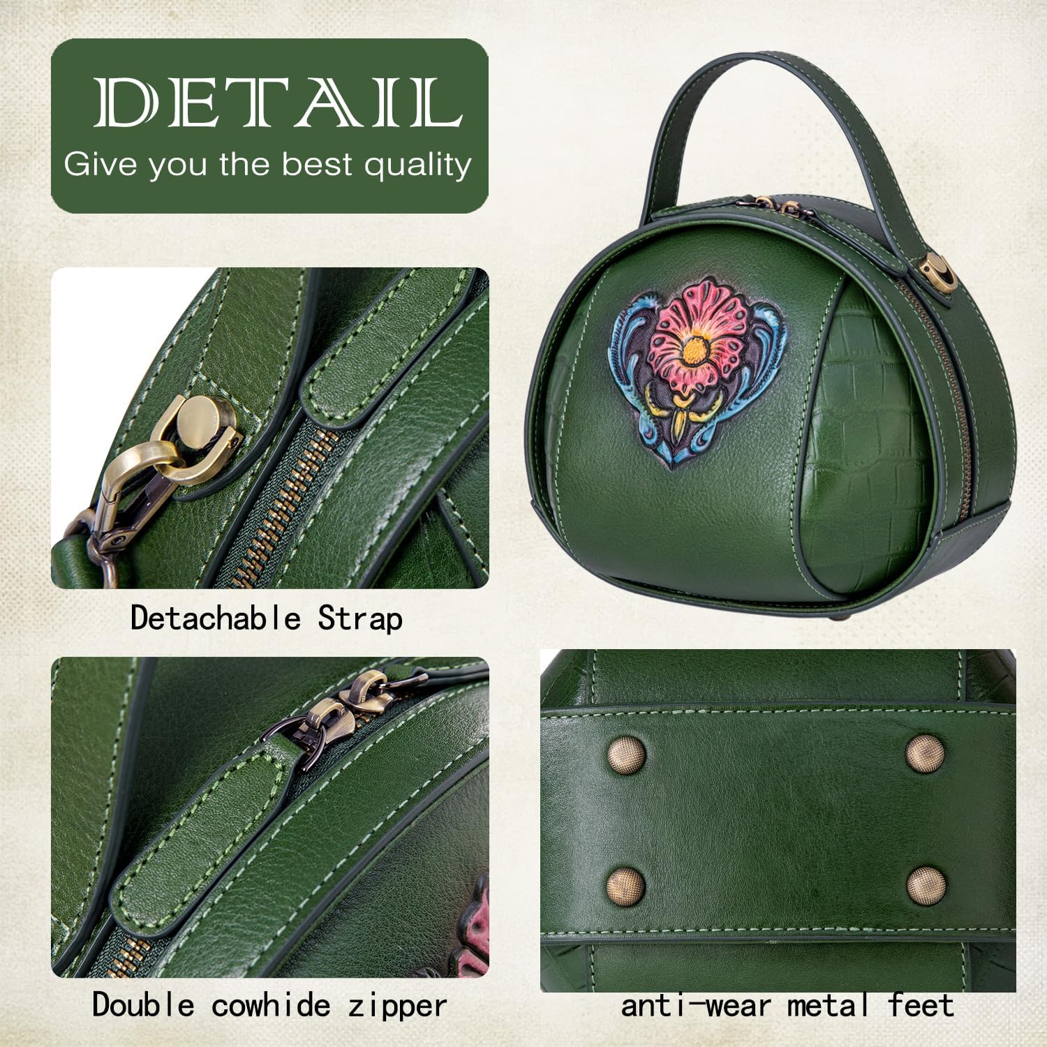 Vintage Genuine Leather Crossbody Bag for Women – Small Structured Top Handle Purse with Hand-Embossed Flower