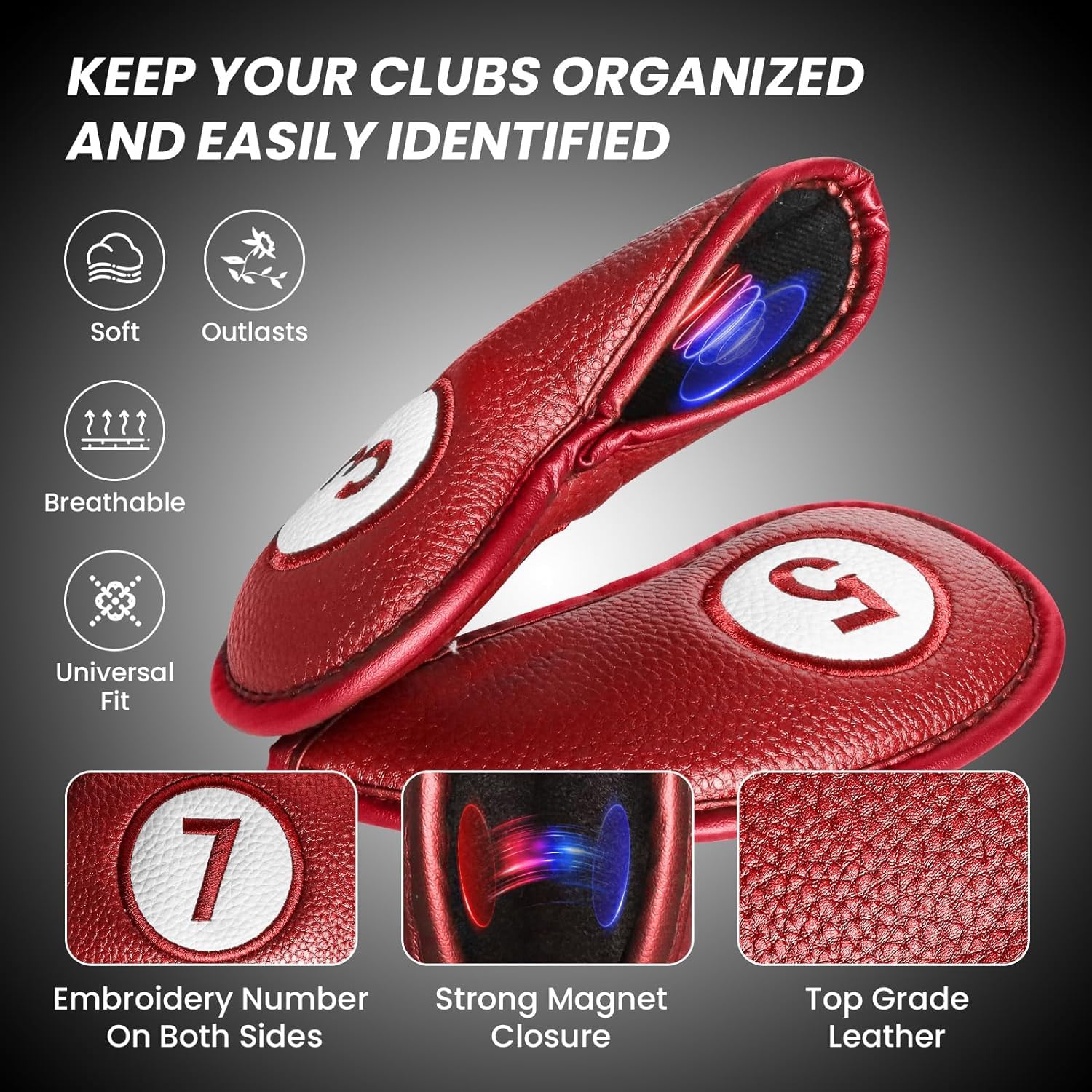 Juego de 11 fundas para cabezas de palos de golf con cierre magnético, fundas de cuero sintético de lujo impresas con doble número, color rojo grueso profesional, para todos los palos de hierro (rojo)