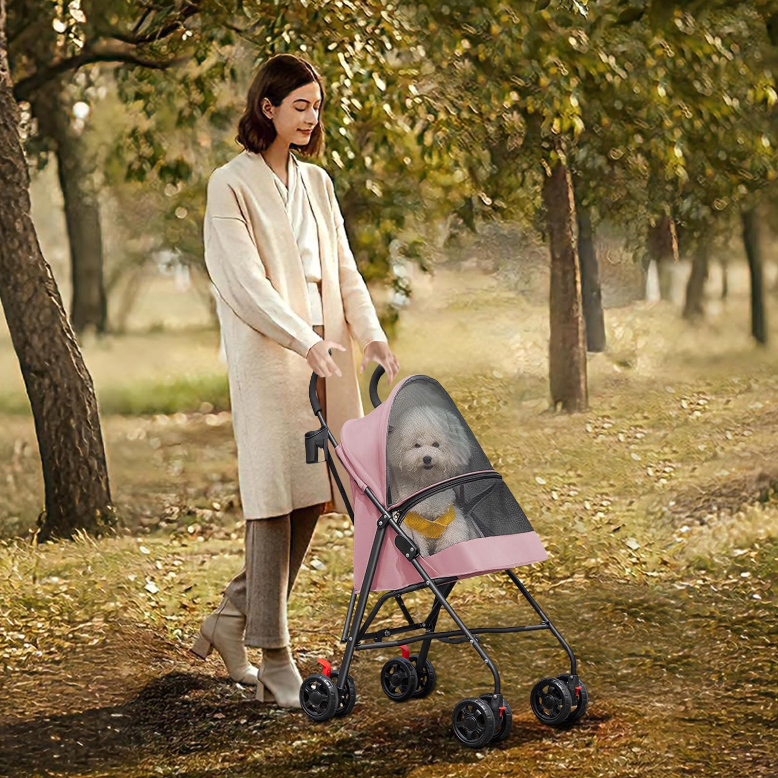 Passeggino per cani e gatti 2 in 1 pieghevole carrello per gatti cuccioli, guinzaglio di sicurezza, fino a 10 kg, leggero, pratico, rimovibile, con portabicchieri, 97 x 45 x 55 cm, rosa