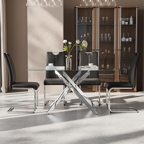 Miniatura 56 de Juego de mesa de comedor de 7 piezas para 6, mesa rectangular moderna de cristal con 6 sillas tapizadas de cuero, juegos de mesa y sillas de comedor