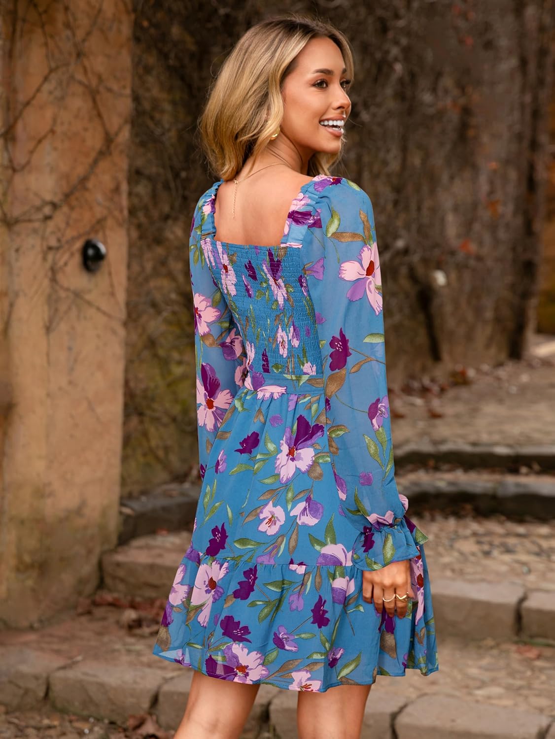 Simplee Womens Floral Long Sleeve Mini Dress Boho Square Neck Smocked A-Line Flowy Short Wedding Guest Dresses - Image 4