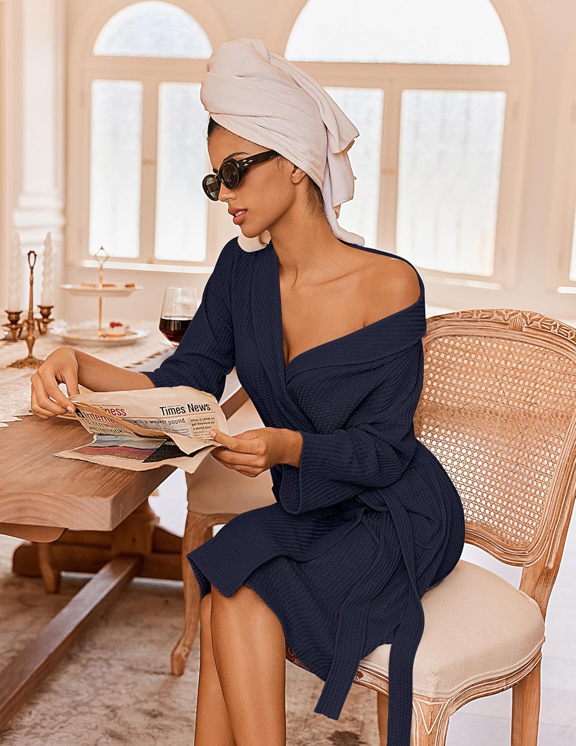 Ekouaer Badjas dames wafel lichtgewicht badjas zachte gebreide badjassen met zakken spa kimono loungewear, Grijs, M