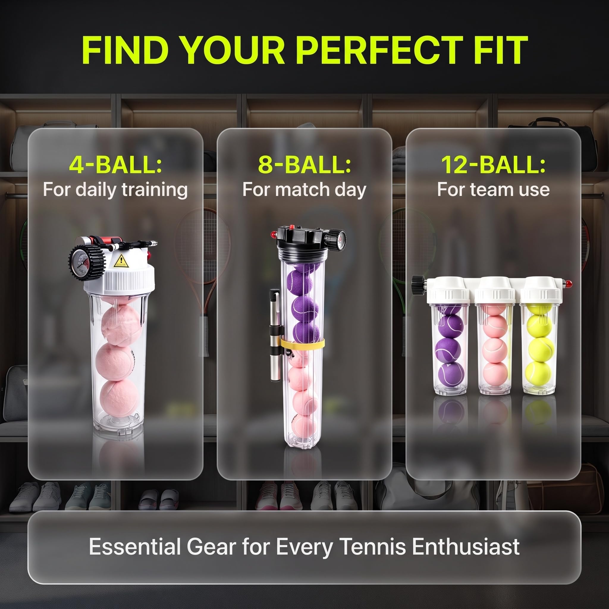 Pressurizzatore per Palline da Tennis, Salva-Palline da Tennis, Pressione Dellaria Regolabile da 0 A 30 Psi, capacità per 4/8/12 Palline, con Manometro E Pompa Manuale, Chiave 8‑Ball