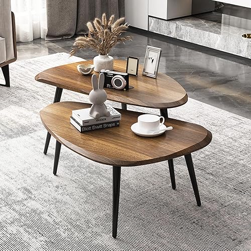 Miniatura 2 de SURUIM Juego de mesa auxiliar ovalada, combinación de 2 piezas, diseño de grano de madera, patas de metal resistentes para salas de estar modernas,