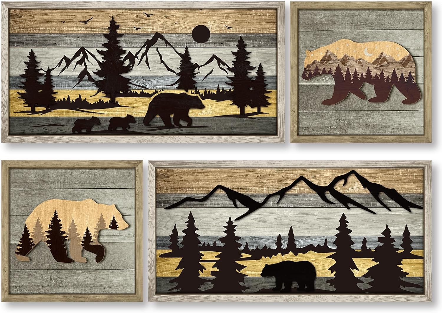 Wesiti 4 Pcs Bear Wall Art Rustic 3D Cabin Wall Decor Decorative Forest Mountain Woodland Bear Pictures Farmhouse Decor Country House Animal Wildlife Pictures Hunting Art for Home