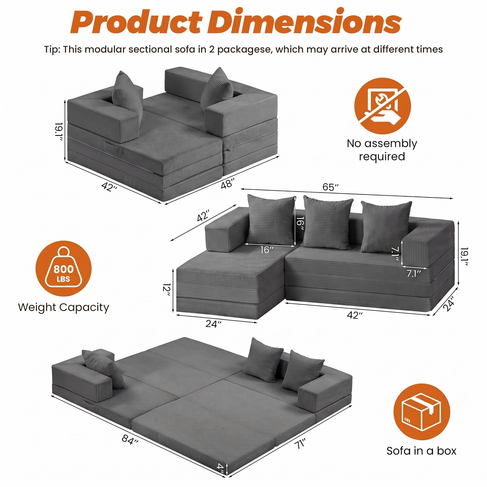 6-in-1 Tri-Folding Mattress | Cloud Boneless L-Shaped Modular Sectional Couches | Corduroy Pet-Friendly Convertible Futon Sofa Bed with 800LB Capacity Apartment, Guest Room, Game Room
