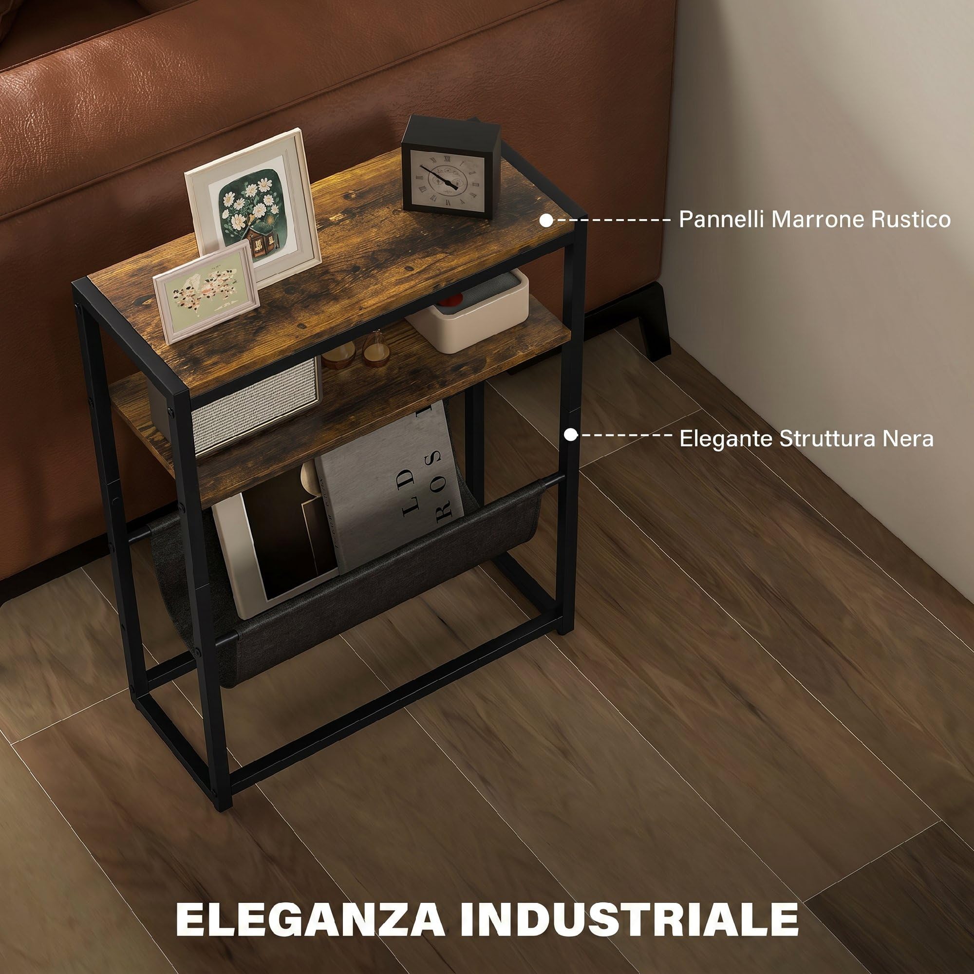 HOMCOM Tavolino da Soggiorno Industriale 43x18x56 cm Marrone Rustico
