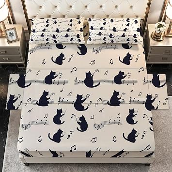 Cat Sheets California King Size - Cute Musical Kitten Bed Sheet Set - Deep Pocket Soft Microfiber Bedding Set 4 Piece - Fitted Flat Sheet Pillowcases - Cat Bedroom Decor & Gifts
