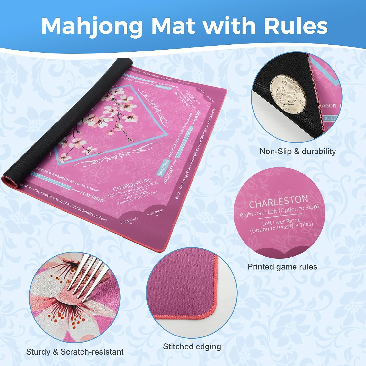 Pink American Mahjong Mat for Table 32.6x32.6 inch No Creases Rollup Packed with Velvet Bag Non Slip Mahjong Table Mat Noise Reduction Mahjong Mats with Rules (Pink Plum Blossom)