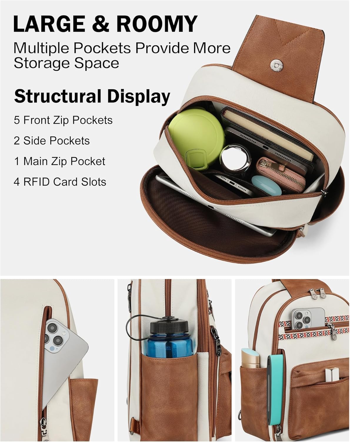 FADEON Large Sling Bag for Women, Leather Crossbody Purse Designer Anti Theft Sling Backpack, RFID Fanny Packs for Travel - Image 5