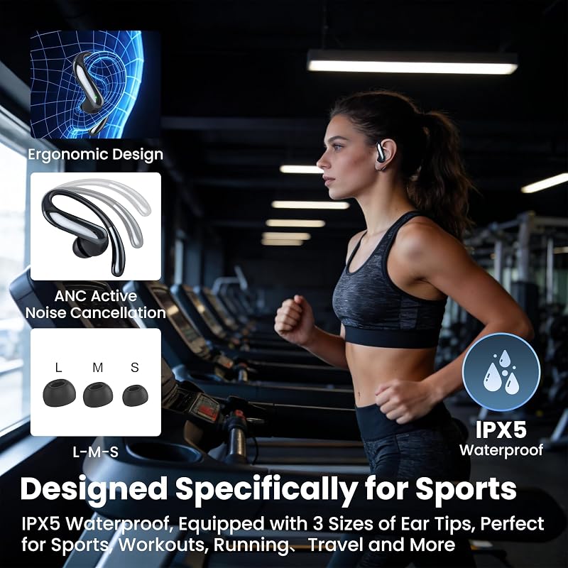Wireless Earbuds Bluetooth 6.0 Headphone, Sport Bluetooth Earbuds Stereo Deep Bass Over Ear Bud with Earhooks,Active Noise Cancellation, Bluetooth Headphones for Gym/Running/Workout Black image 7
