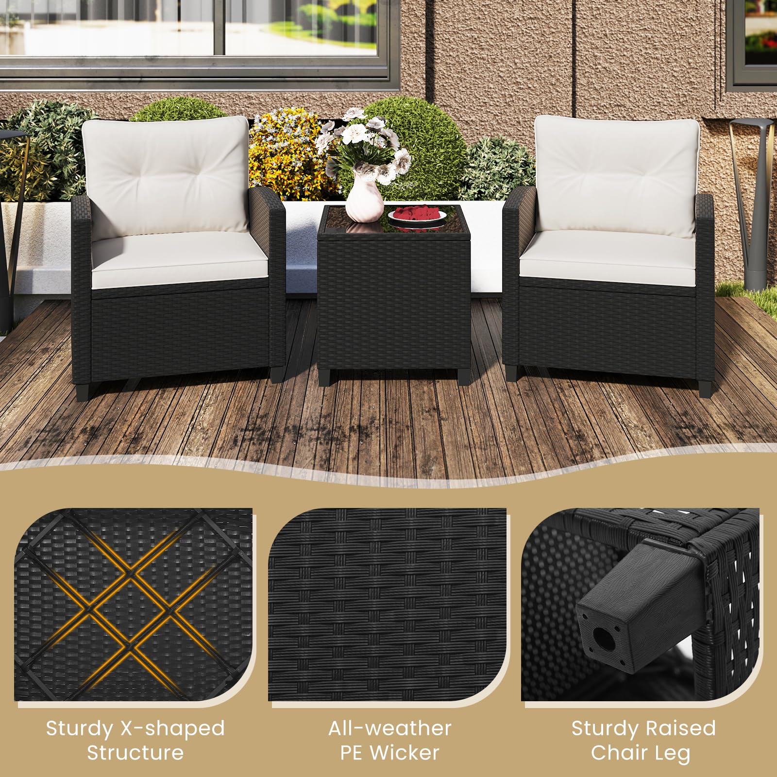 GIANTEX Set da Mobili da 3 Pezzi, Sedie da Giardino con Tavolino da Caffè con Piano in Vetro Temperato, Cuscini per Schienale e Sedile, Set Bistro in Rattan PE per Portico (Bianco)