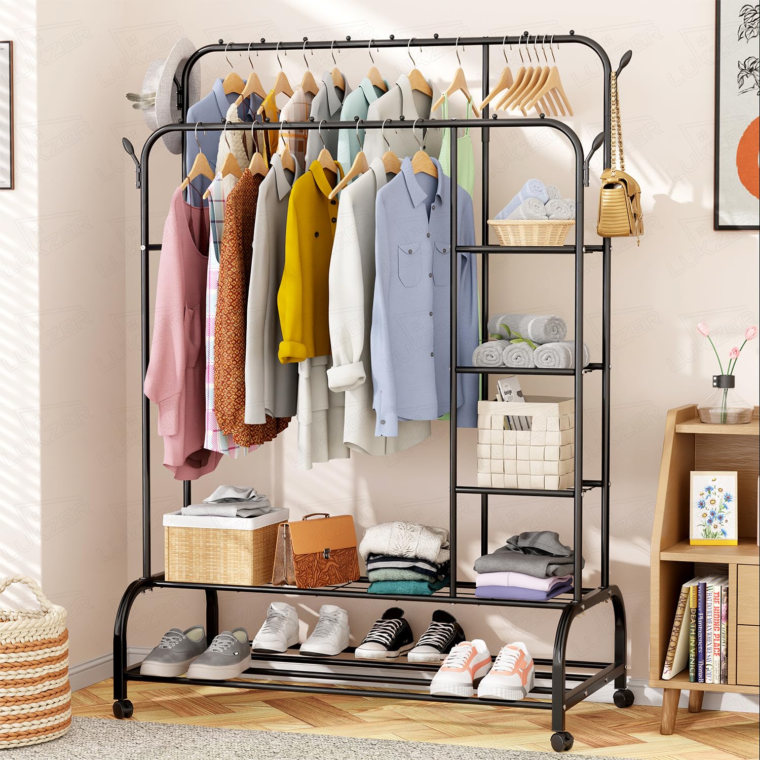 Lukzer Metal Garment Stand with 6 Shelves & Double Rods, Heavy-Duty Clothing Rack with Side Hooks & Wheels, Multi-Functional Storage Organizer for Bedroom, Laundry & Entryway - (MGS-008/Black)