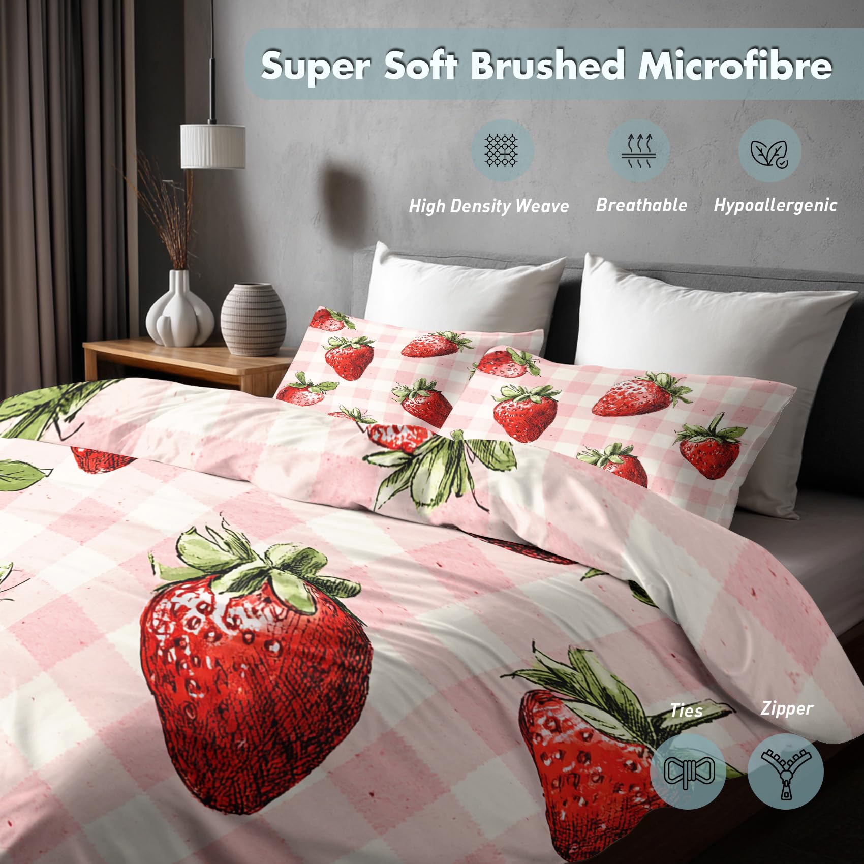 strawberry　マットレス Amazon.com: Pink Gingham Strawberry Duvet Cover Queen Size