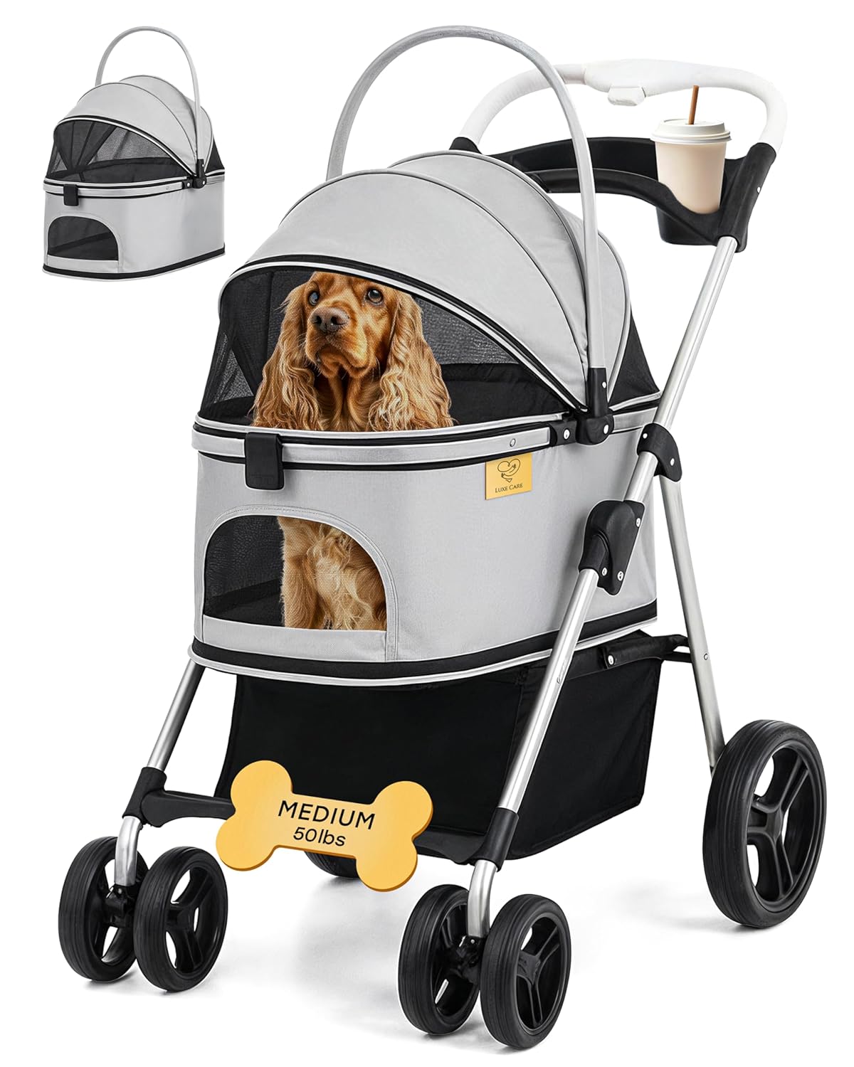 4 Wheel Foldable Pet Stroller - Lightweight Dogs and Cats Stroller Upto 50lbs with Mesh Canopy, Storage Basket and Cup Holder, Durable for Walks and Outings (Medium)