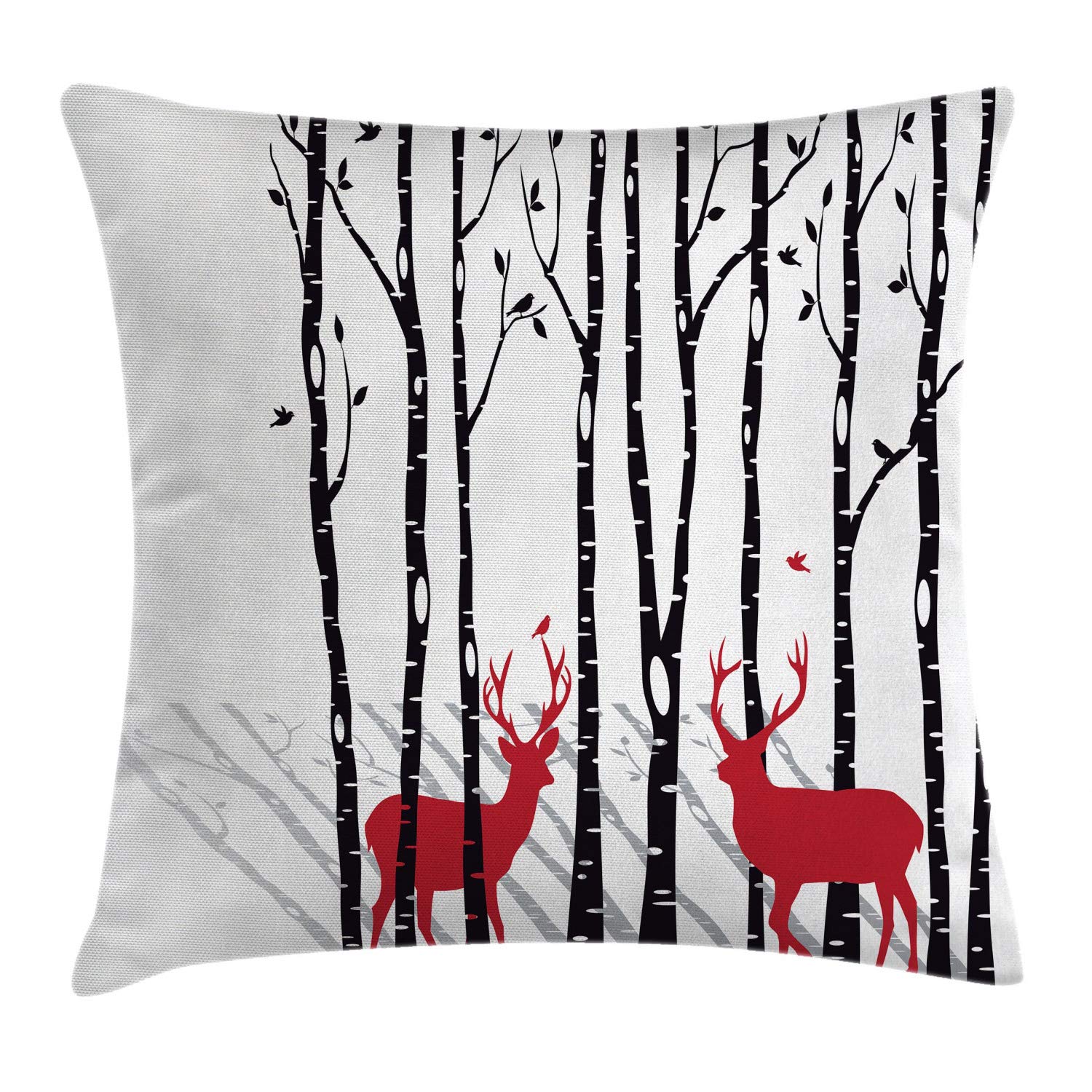 ABAKUHAUS Antlers Throw Pillow Cushion Cover, Deer Tree Forest Holiday Theme Flying Leaves Branch Reindeer Winter Print, Decorative Square Accent Pillow Case, 24 X 24 Inches, White Black Red