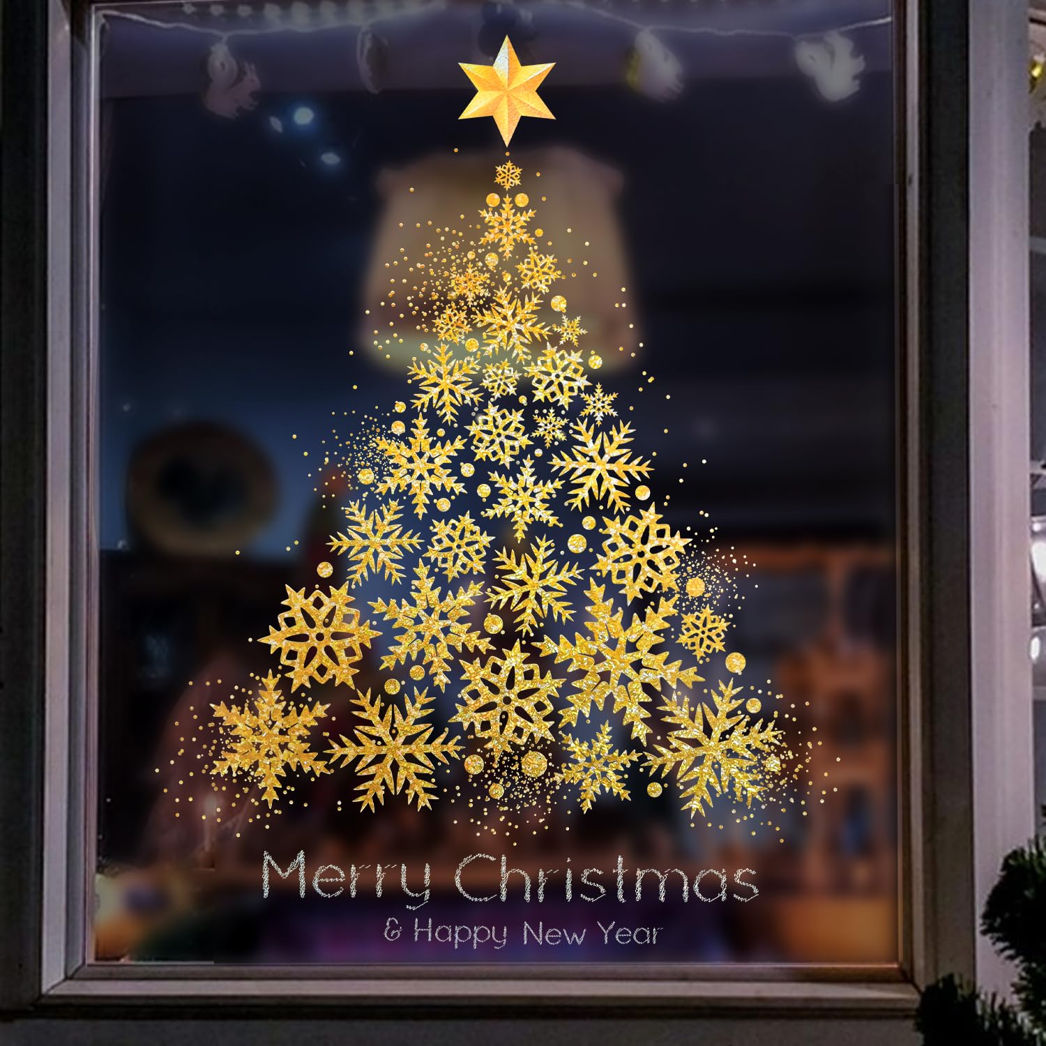 FMDPZUP Extra Large Size Christmas Window Stickers,Reusable Xmas Window Clings, 100cm*74cm Gold Glitter Snowflake and Star Christmas Tree for Xmas Party Decoration(One Gold Tree)