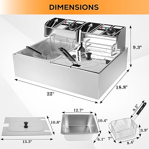 Miniatura 2 de Freidora eléctrica de 12 litros con cestas dobles y tapas, freidora comercial de acero inoxidable de doble tanque de 5000 W con control de
