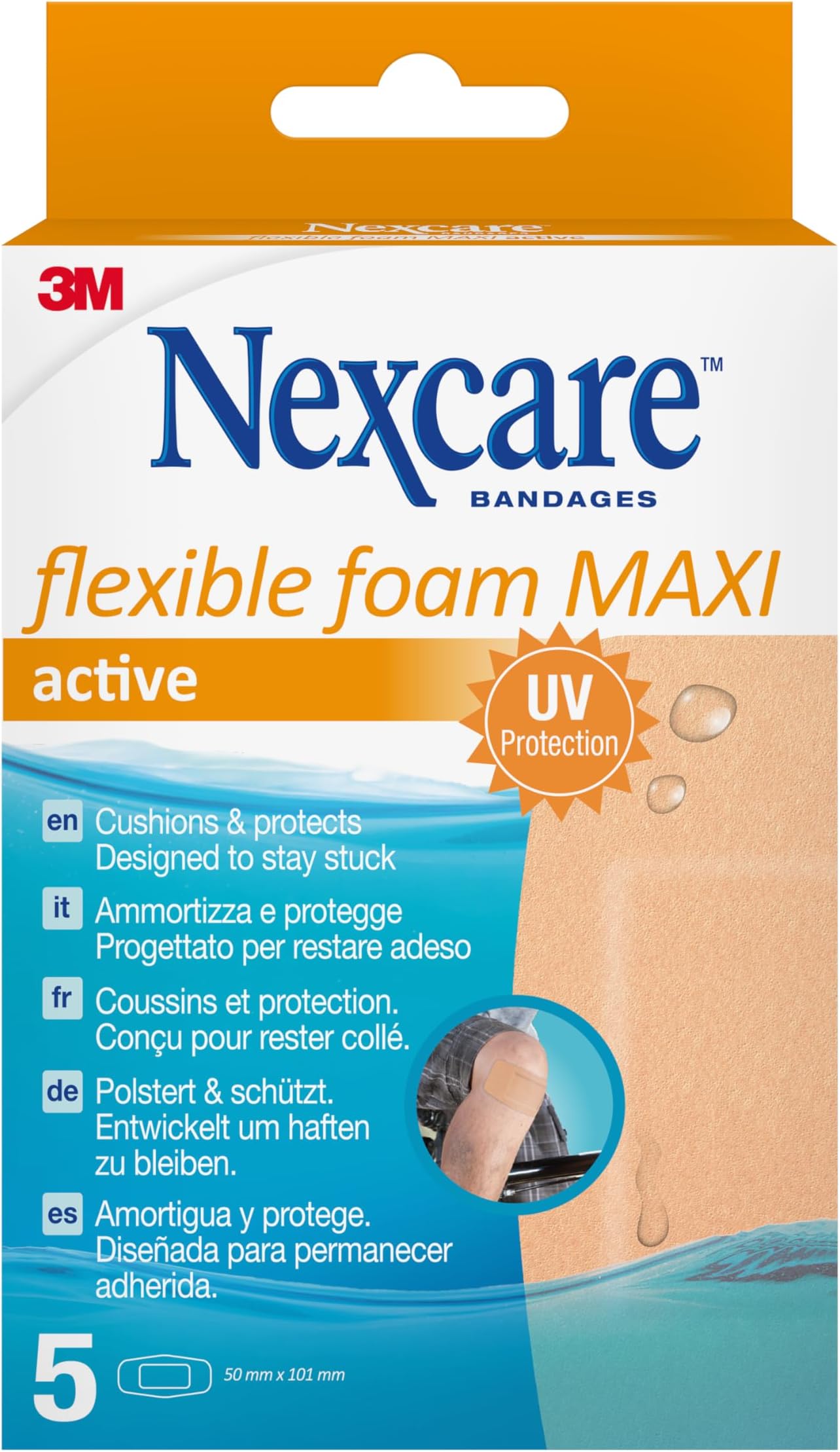 Active Flexible Foam MAXI Plasters , 50 mm x 101 mm, 5 Plasters per Pack, Breathable and Waterproof for Minor Wounds, Scratches, Bandages for First Aid Kits