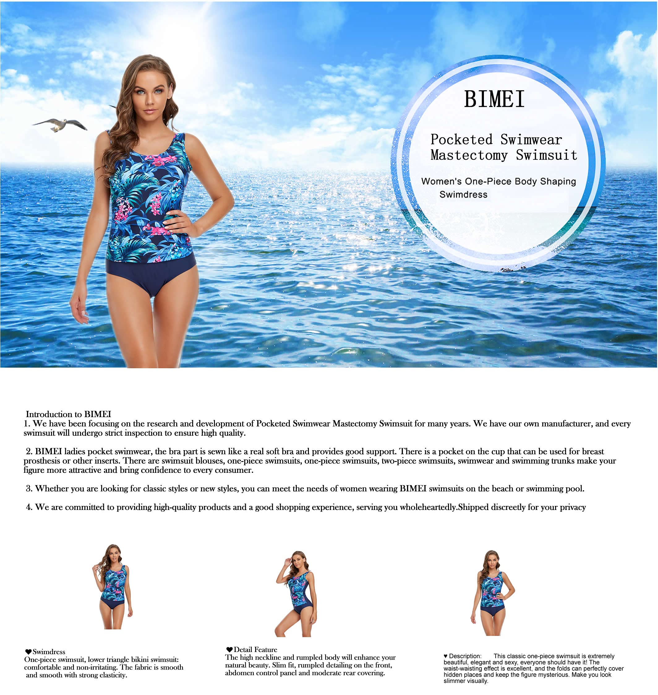 BIMEI Maillot de bain à poches pour mastectomie en silicone pour faux sein, cancer du sein, femme 125