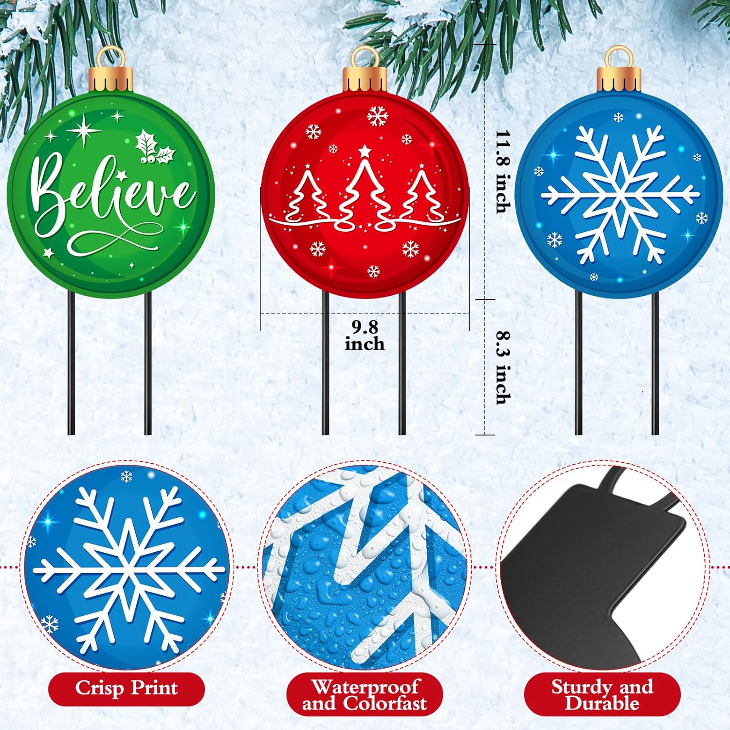 Drydiet 3 Pack Metal Christmas Yard Signs Decor Xmas Yard Stakes Outdoor with Stakes for Holiday Outdoor Garden Lawn Pathway Decoration(Ball)