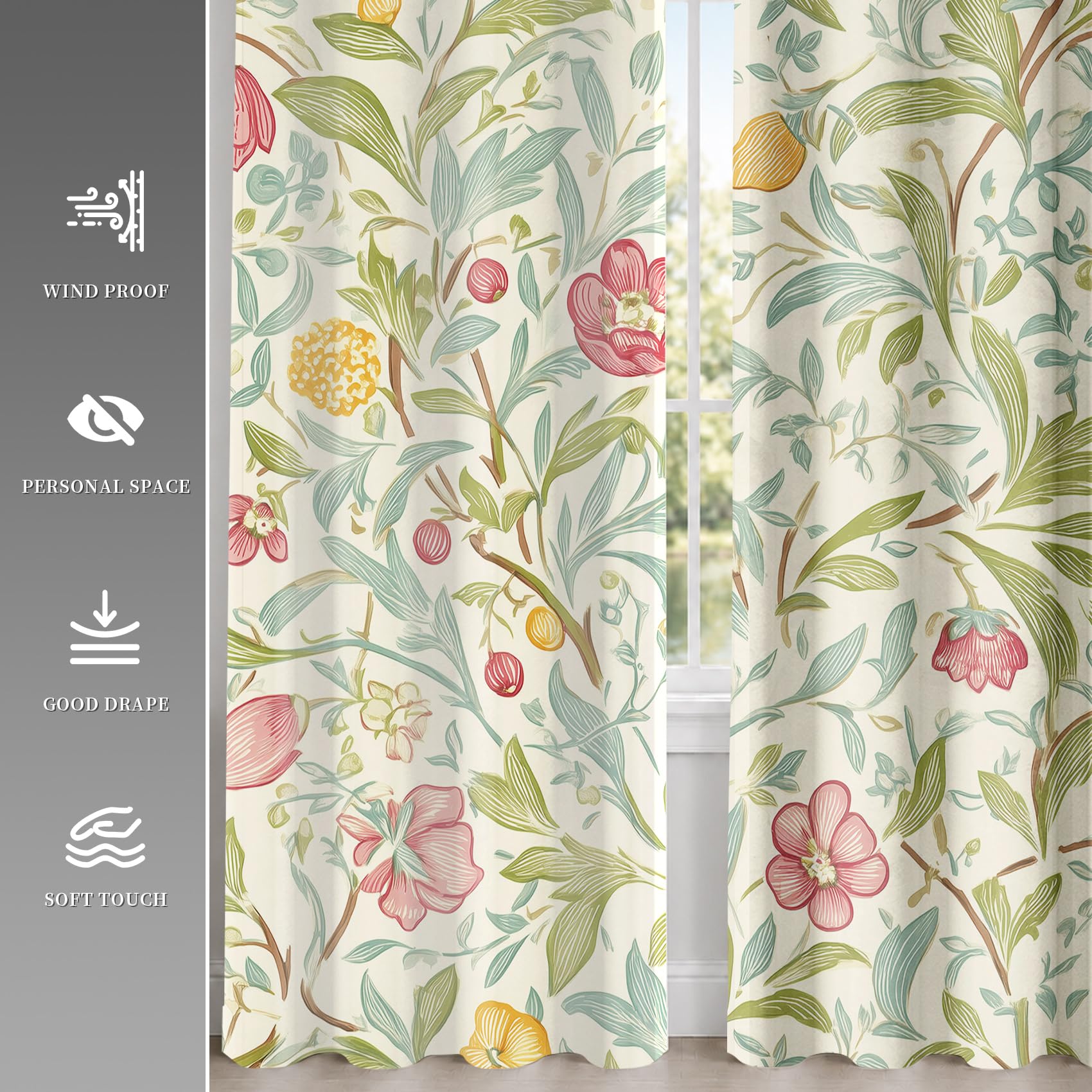 Generisch Landhaus Blumen Vorhänge, Vorhang mit Muster Ranken Blatter, Verdunklungsvorhänge Blickdicht mit Ösen, Gardinen für Wohnzimmer Schlafzimmer Deko 2er Set - 280 x 300 (B X H) Dhb61
