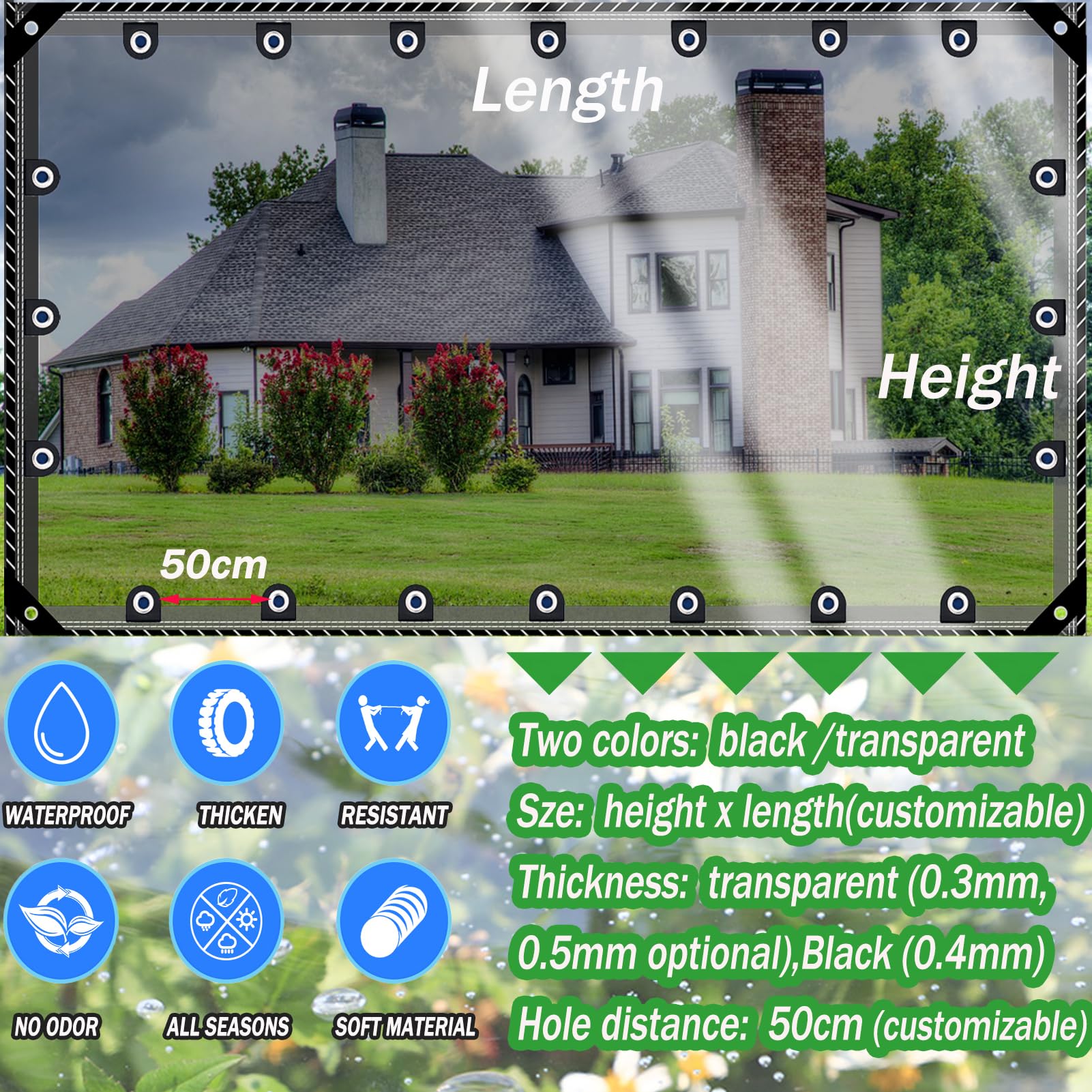 Plane Transparent mit ösen 1.8mx2.8m,Abdeckplane Wasserdicht 0.4mm Wetterfest Faltbar Terrassenplane für Seitenteile Pavillon Gartenmobel Balkon LKW,Schwarz Plane Nach Maß