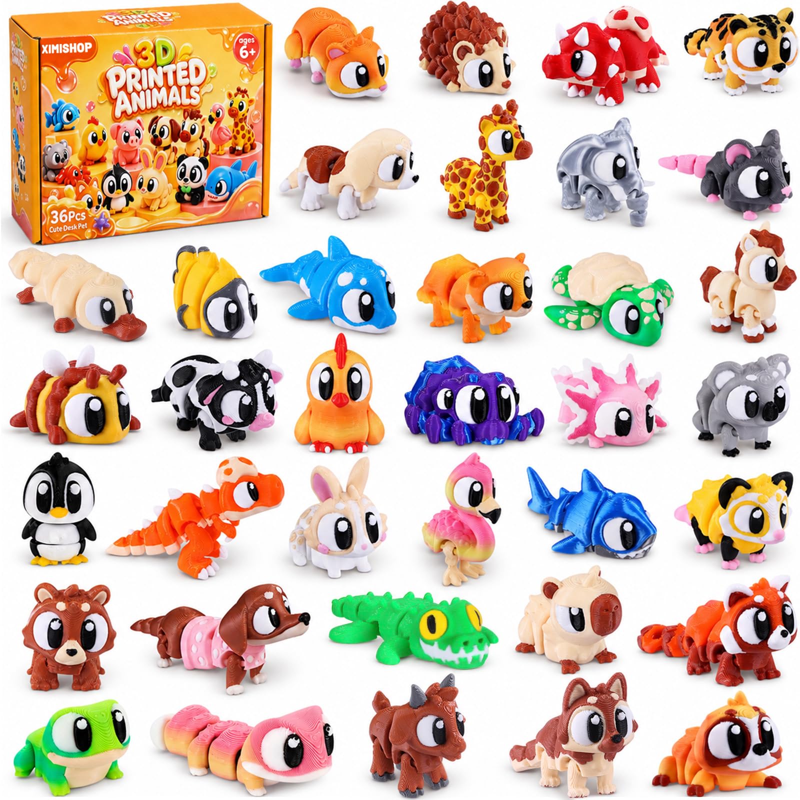 XIMISHOP 36Pcs 3D Printed Animals，Big Eyes 3D Printed Animal Fidget Flexible Articulated Animals for Home Office Desk Decoration Kids Party Favors Toys (Big Eyes Theme)
