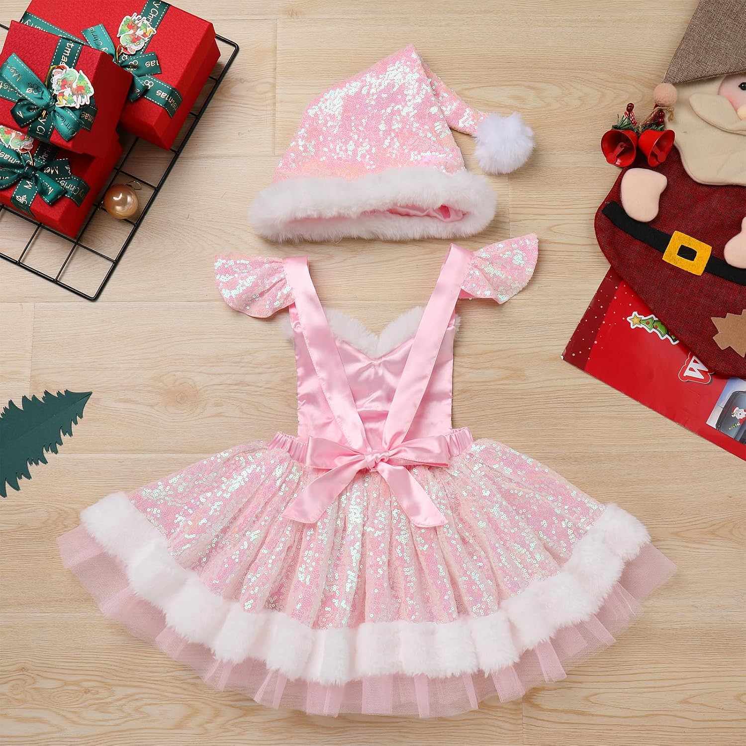 IMEKIS Toddler Girls Christmas Santa Costume Sequin Princess Dress Romper with Hat Halloween Cosplay Outfit Photo Shoot
