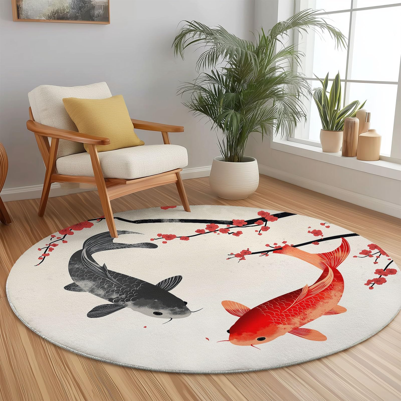 Tappeto rotondo da 210 cm, con stampa di fiori di prugna koi orientali, moderno, antiscivolo, colorato in flanella, lavabile, morbido, per stanza dei giochi, camera dei giochi, camera da letto