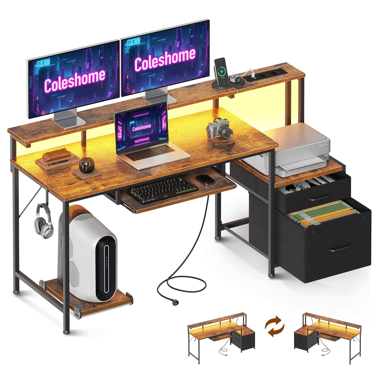 Coleshome Scrivania Gaming con LED e Prese, 140x48cm Scrivania con 2 Cassetti, Tavolo Computer Reversibile con Supporto Monitor e Vassoio per Tastiera Ufficio Casa, Marrone