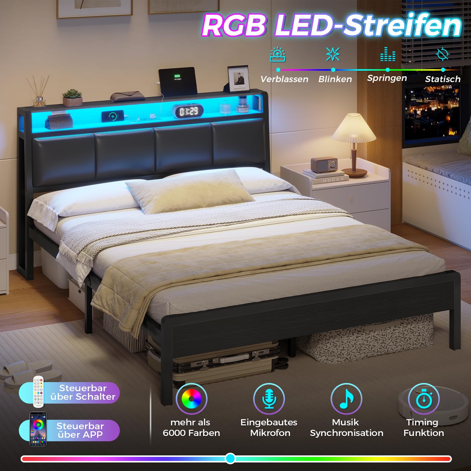 KIMENICH Bett 140 x 200, Bett mit LED-Beleuchtung, Polsterbett 140x200, Ladestation, Bettgestell mit Lattenrost, für Schlafzimmer, Gästezimmer, Schwarz