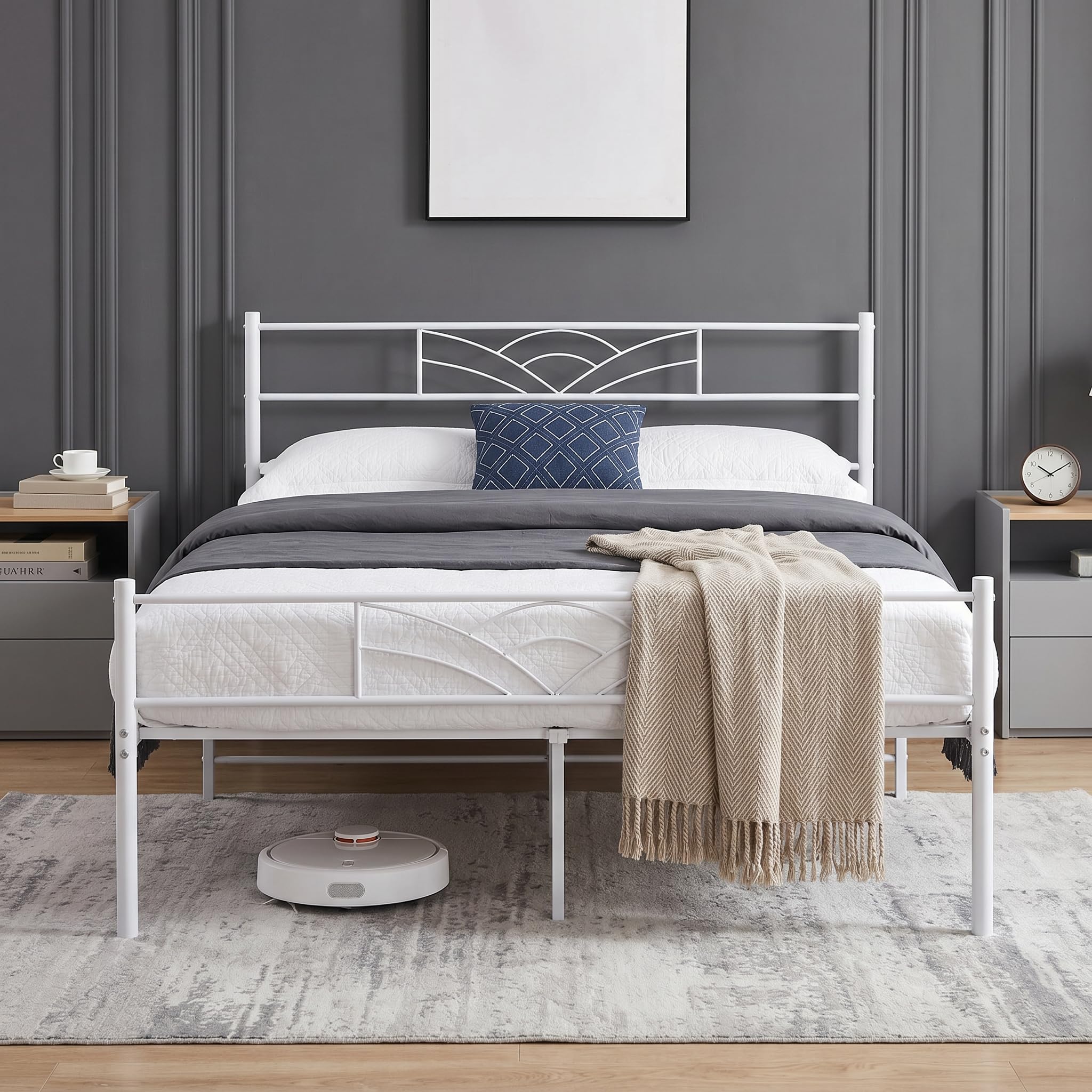 Panana Double Bed Frames with Headboard 4ft6 White Metal Double Bed Frame with Storage Heavy Duty with Steel Slats No Box Spring Needed (White, 4FT6)