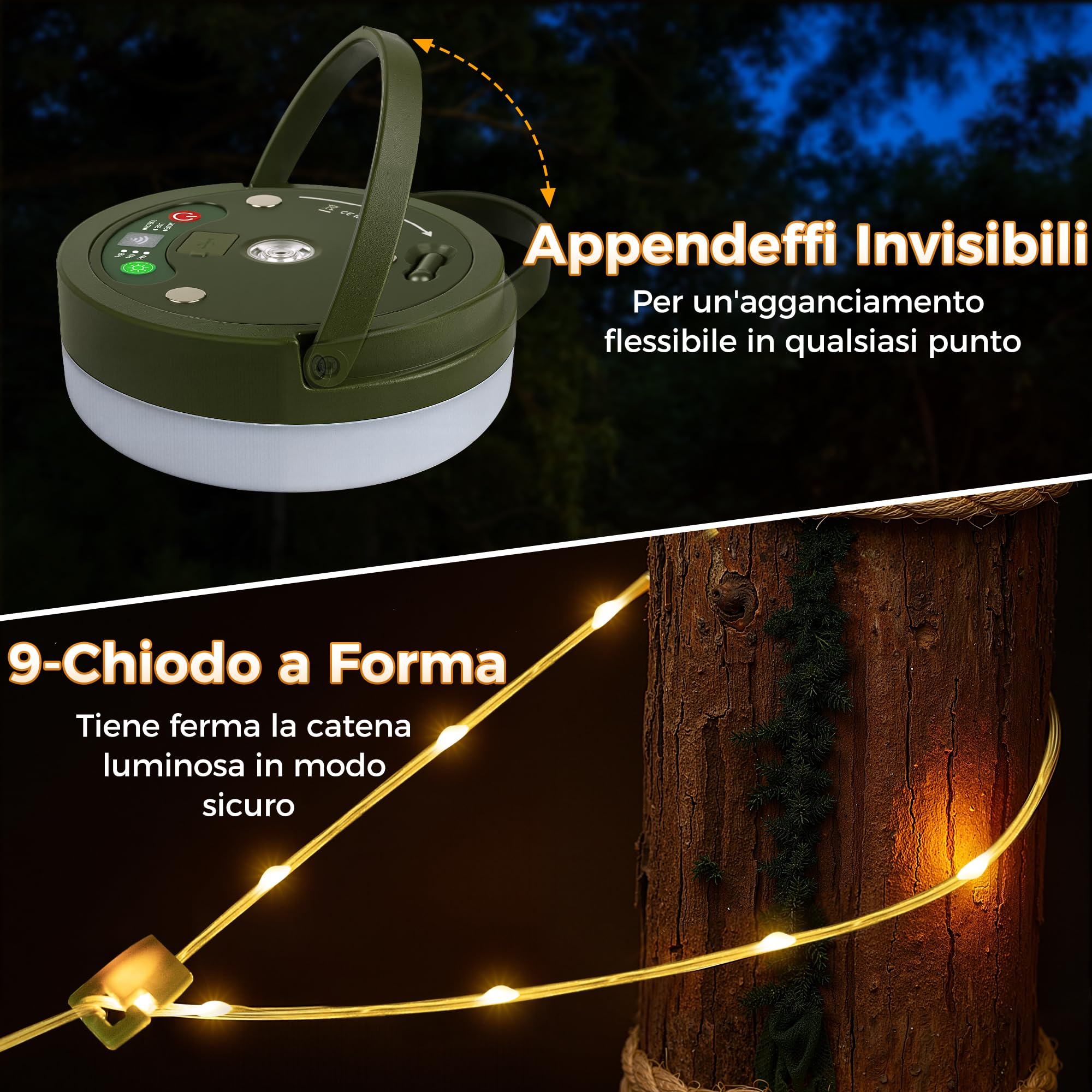 HeiPard Luci Catena Luminosa da Esterno da Campeggio Avvolgibile 10 M 100 LED, 8 Modalità, Timer, Portatile Impermeabile Luci LED da Esterno Ricaricabili USB per Campeggio, Esterni, Balcone, Giardino