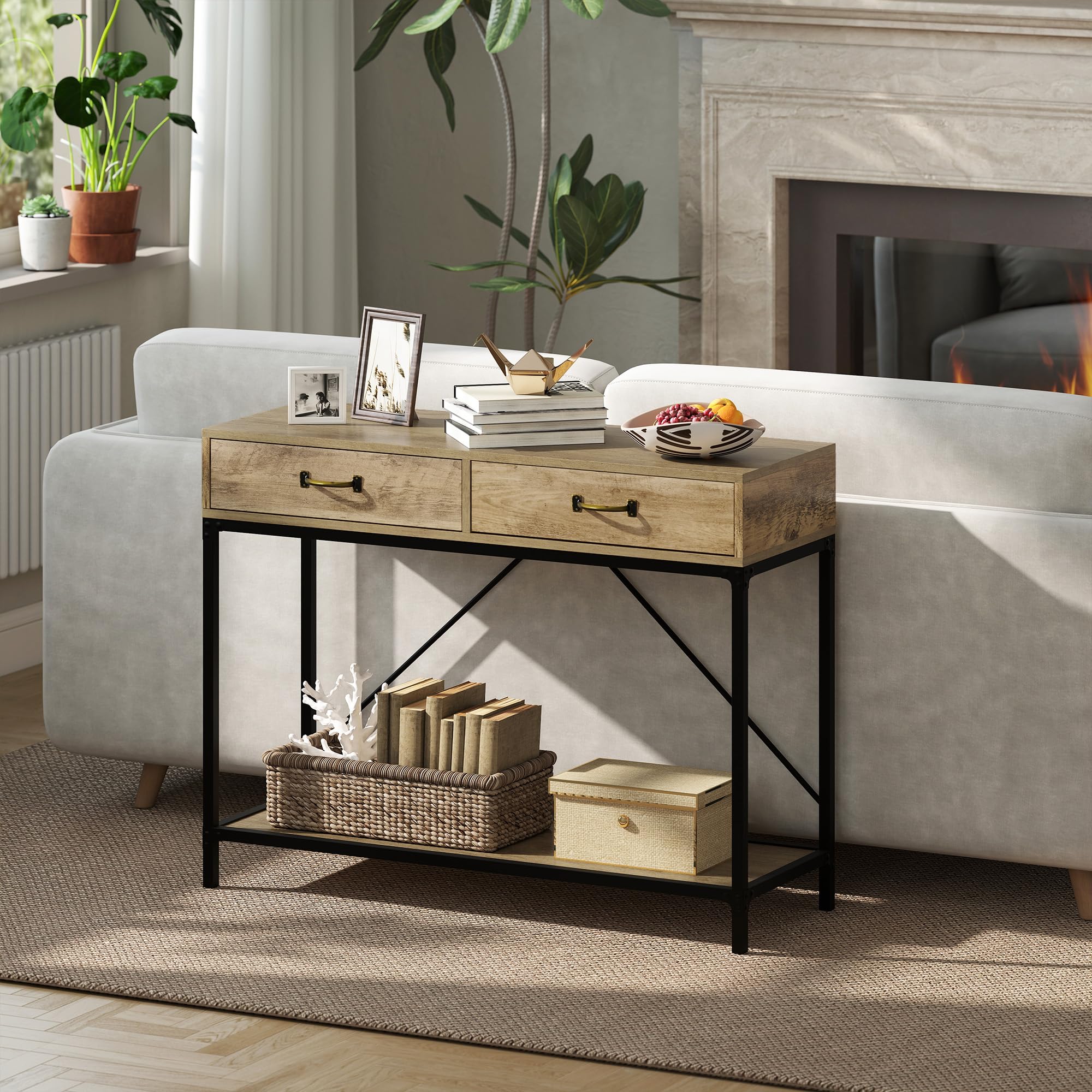HOMCOM Mesa de Consola Industrial con 2 Cajones y Estante, Marrón y Negro | Mesa de Sofá, Consola Recibidor, Patas de Metal, para Salón, Pasillo, Entrada
