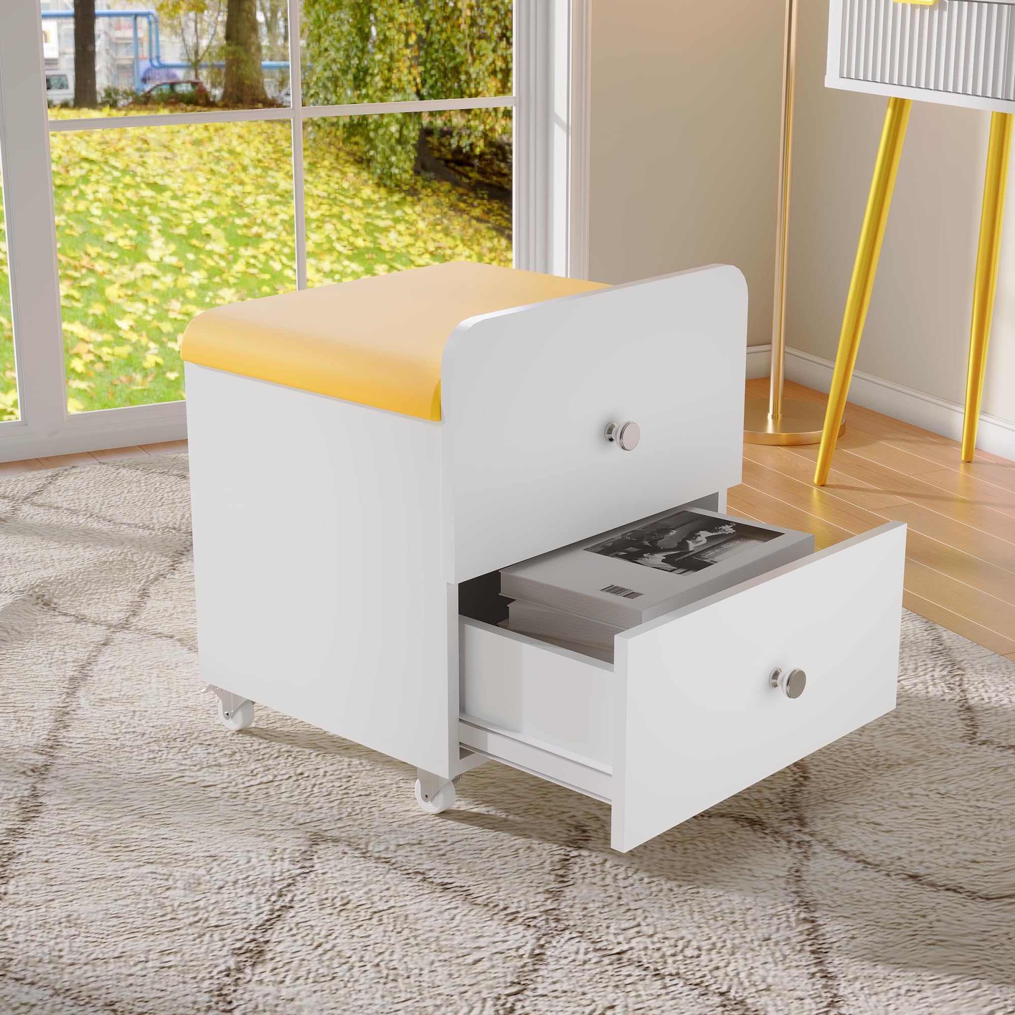 Zstar Moderner Schminktisch-Hocker mit Stauraum – Gepolsterter PU-Stuhl mit Schublade & Rollen, multifunktional als Sitzbank oder Fußhocker, platzsparend & elegant – Farbe: Gelb+Weiß