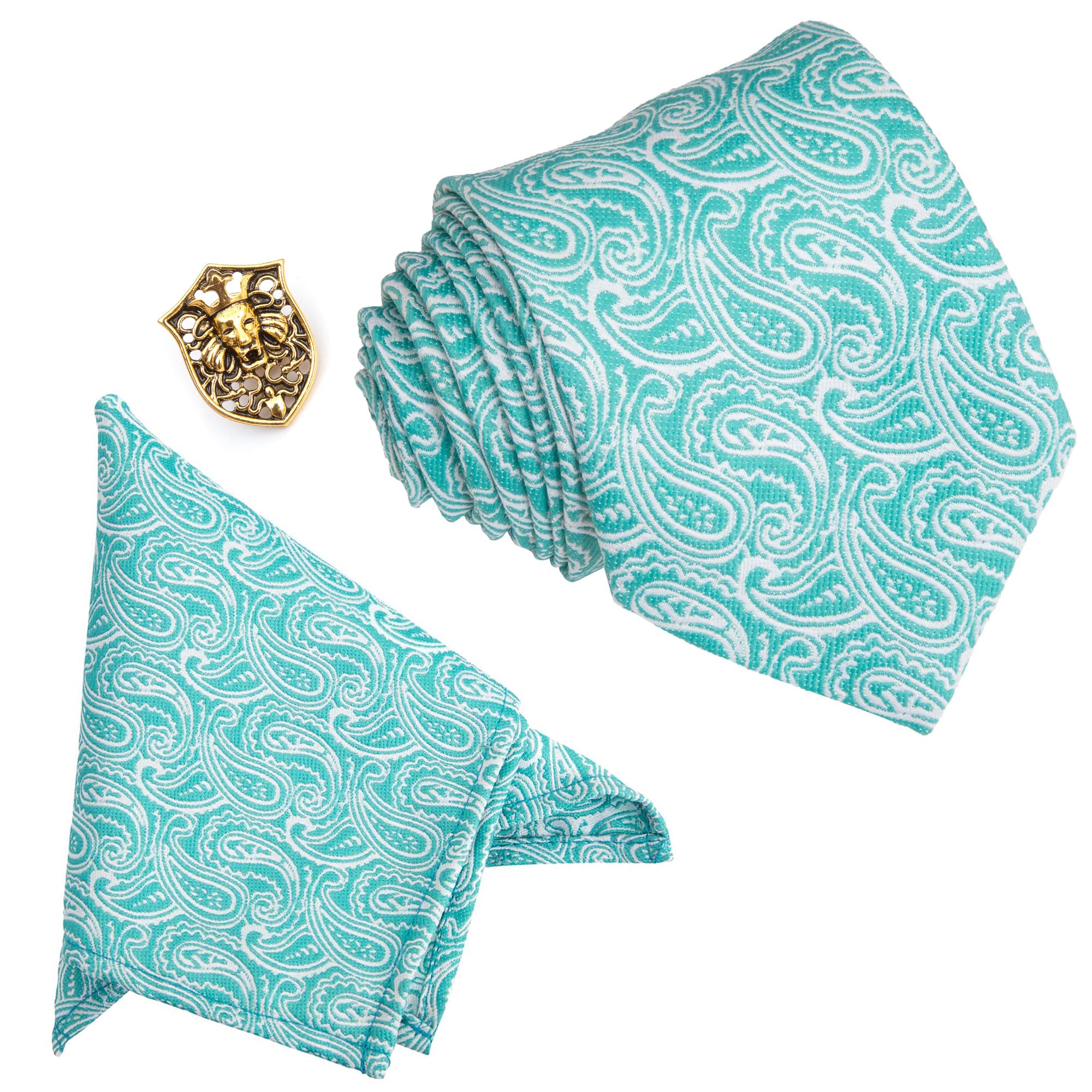 Green Paisley Men's Tie, Pocket Square & Lapel Pin-image-24