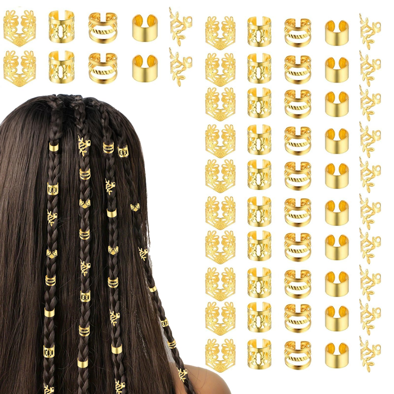 Ouligay Lot de 40 bijoux de cheveux dorés, bagues de cheveux dorées pour tresses, dreadlocks, accessoires décoratifs pour femmes, hommes, festivals, pirates, Halloween